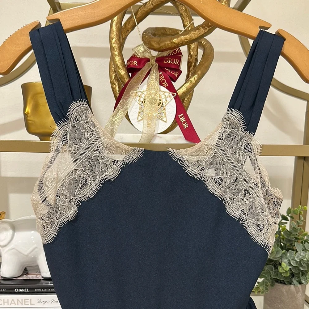 Navy Blue Midi Dress with Lace Accents